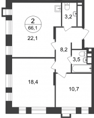 ЖК «Первый Московский», планировка 2-комнатной квартиры, 66.10 м²