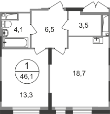 ЖК «Первый Московский», планировка 1-комнатной квартиры, 46.10 м²