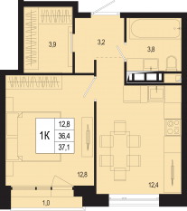 ЖК «Новая Щербинка», планировка 1-комнатной квартиры, 36.40 м²