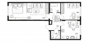 МЖК «Верево-Сити», планировка 2-комнатной квартиры, 62.52 м²