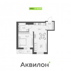 ЖК «Аквилон SKY», планировка 1-комнатной квартиры, 46.90 м²