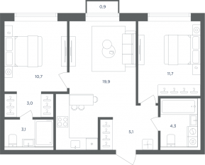 МФК «Равновесие», планировка 2-комнатной квартиры, 58.10 м²