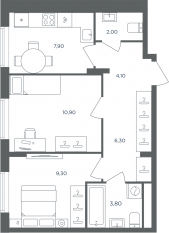 МФК «Равновесие», планировка 2-комнатной квартиры, 44.10 м²