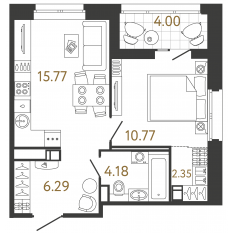 ЖК «Ultra City 3.0», планировка 1-комнатной квартиры, 39.36 м²