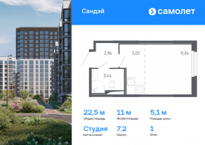 ЖК «Сандэй», планировка студии, 22.51 м²