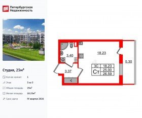 ЖК «Парадный ансамбль», планировка студии, 25.00 м²