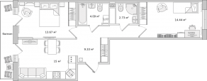 ЖК «Город Первых», планировка 2-комнатной квартиры, 65.26 м²