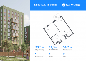 ЖК «Квартал Лаголово», планировка 1-комнатной квартиры, 36.52 м²