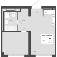 МЖК «Яковлево», планировка 2-комнатной квартиры, 35.30 м²