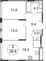 ЖК «Переделкино Ближнее», планировка 2-комнатной квартиры, 58.80 м²