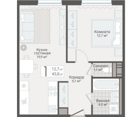 ЖК «Руднева, 15», планировка 1-комнатной квартиры, 43.80 м²