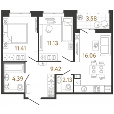 ЖК «Ultra City 3.0», планировка 2-комнатной квартиры, 54.54 м²