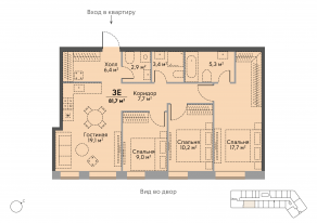 ЖК «Stories на Мосфильмовской», планировка 3-комнатной квартиры, 82.90 м²