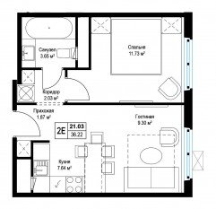 ЖК «Эко Видное 2.0», планировка 1-комнатной квартиры, 36.10 м²