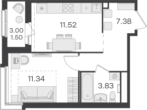 ЖК «GloraX Парголово», планировка 1-комнатной квартиры, 35.57 м²