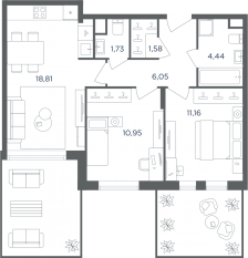 МФК «Равновесие», планировка 3-комнатной квартиры, 54.50 м²