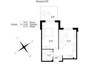 МЖК «Счастье 2.0», планировка 1-комнатной квартиры, 42.78 м²