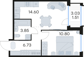 ЖК «GloraX Парголово», планировка 1-комнатной квартиры, 37.49 м²