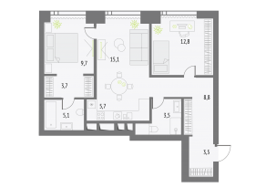 ЖК «Upside Towers», планировка 2-комнатной квартиры, 67.70 м²