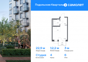 ЖК «Подольские Кварталы», планировка студии, 22.93 м²