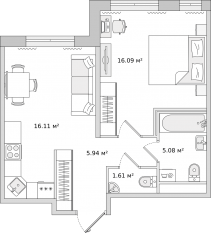 ЖК «Parkolovo», планировка 1-комнатной квартиры, 44.20 м²