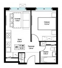 ЖК «Эко Видное 2.0», планировка 1-комнатной квартиры, 33.20 м²