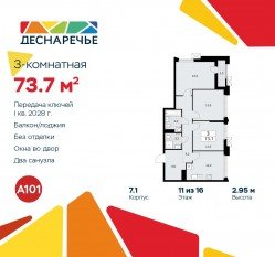ЖК «Деснаречье», планировка 3-комнатной квартиры, 73.70 м²