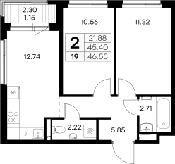 ЖК «GloraX Новоселье», планировка 2-комнатной квартиры, 46.55 м²