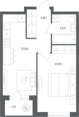 МФК «Равновесие», планировка 1-комнатной квартиры, 33.70 м²
