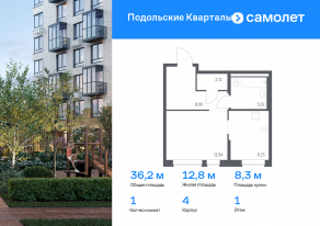 ЖК «Подольские Кварталы», планировка 1-комнатной квартиры, 36.23 м²
