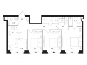 ЖК «Мангазея на Тульской», планировка 3-комнатной квартиры, 86.40 м²