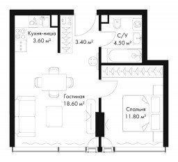 МФК «SLAVA», планировка 1-комнатной квартиры, 41.90 м²