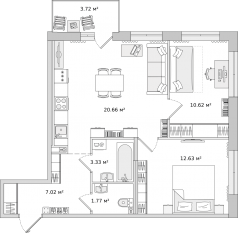 ЖК ЦДС «Черная речка», планировка 2-комнатной квартиры, 56.70 м²