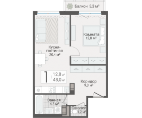 ЖК «Руднева, 15», планировка 1-комнатной квартиры, 48.00 м²