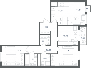 МФК «Равновесие», планировка 4-комнатной квартиры, 79.20 м²