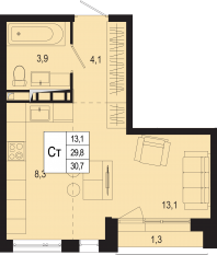 ЖК «Новая Щербинка», планировка студии, 29.80 м²