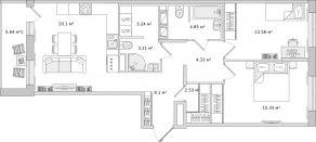 ЖК ЦДС «Dreamline», планировка 2-комнатной квартиры, 73.30 м²