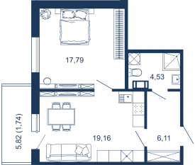 Апарт-комплекс «Bereg. Курортный», планировка 1-комнатной квартиры, 49.34 м²