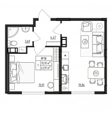 МЖК «Верево-Сити», планировка 1-комнатной квартиры, 41.91 м²