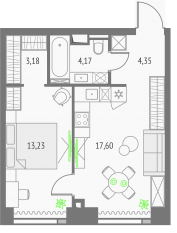 ЖК «Upside Towers», планировка 1-комнатной квартиры, 42.53 м²