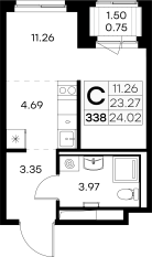 ЖК «GloraX Новоселье», планировка студии, 24.02 м²