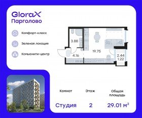 ЖК «GloraX Парголово», планировка студии, 29.01 м²