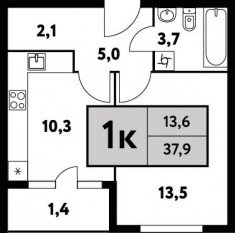 ЖК «Фестиваль парк-2», планировка 1-комнатной квартиры, 36.00 м²
