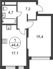 ЖК «Переделкино Ближнее», планировка 1-комнатной квартиры, 44.40 м²