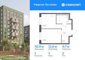 ЖК «Квартал Лаголово», планировка 1-комнатной квартиры, 32.85 м²