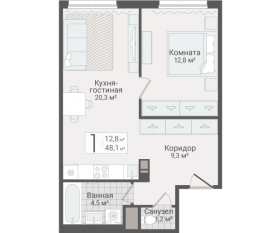 ЖК «Руднева, 15», планировка 1-комнатной квартиры, 48.10 м²