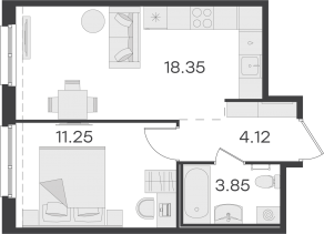 ЖК «GloraX Парголово», планировка 1-комнатной квартиры, 37.57 м²
