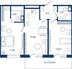 Апарт-комплекс «Bereg. Курортный», планировка 2-комнатной квартиры, 67.66 м²