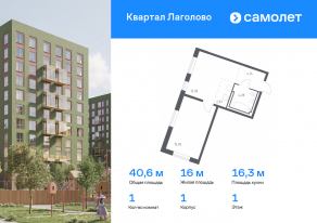 ЖК «Квартал Лаголово», планировка 1-комнатной квартиры, 40.64 м²