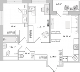 ЖК «Parkolovo», планировка 2-комнатной квартиры, 54.40 м²
